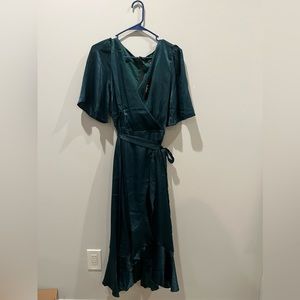 NEW Lulus Wrapped Up In Love Dark Green Satin Faux-Wrap Midi Dress